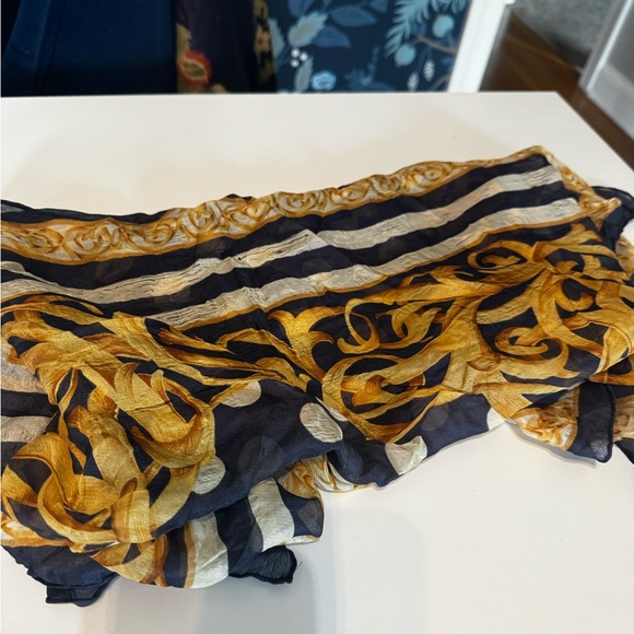 VINTAGE Christian Dior Silk Scarf 32" Baroque Polka Dot Stripe Navy Gold Blue - Picture 4 of 8